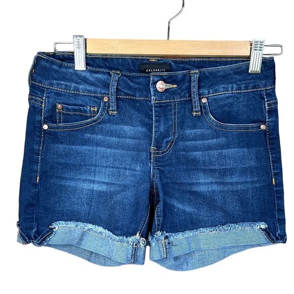 Celebrity Pink, Size 0, Dark Wash Denim Shorts, Raw Hem, Rose Gold Hardware, EUC - Picture 1 of 5